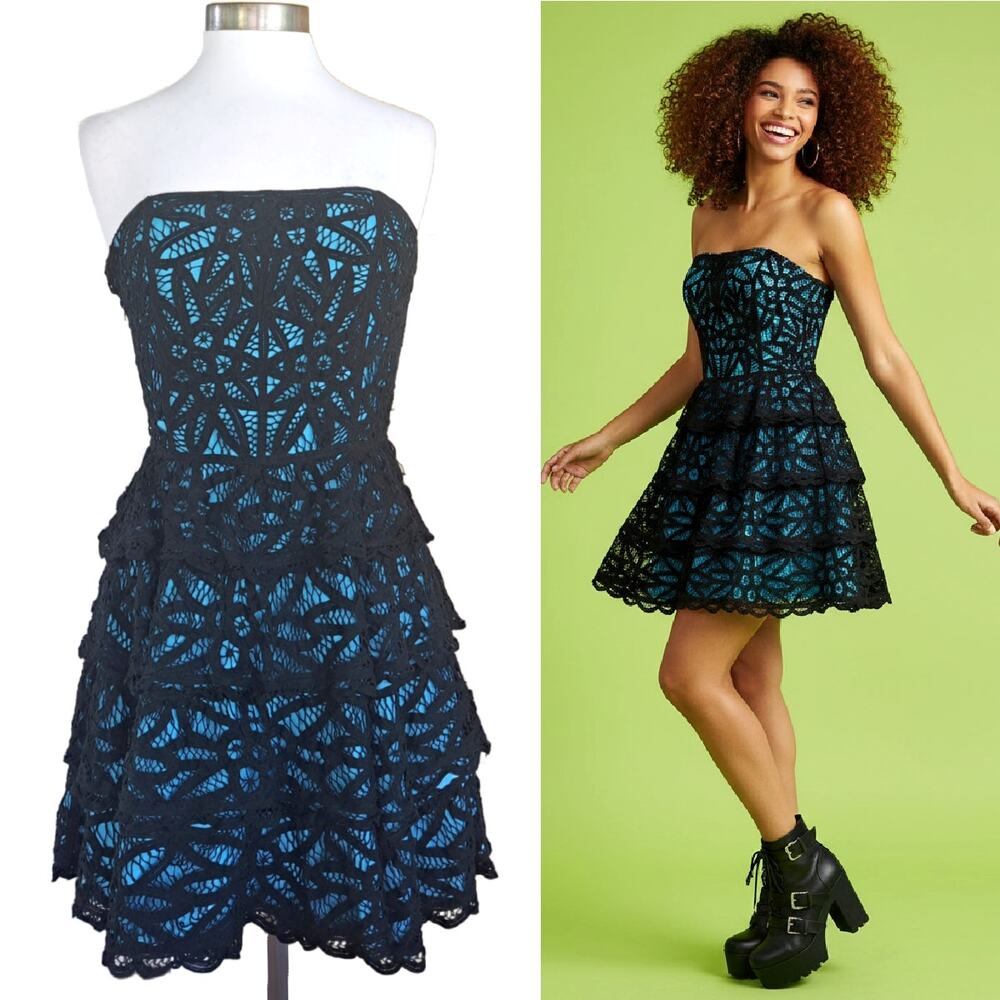 Betsey Johnson Y2K Vintage Black Lace Tiered Turquoise Silk Mini Dress Size 8